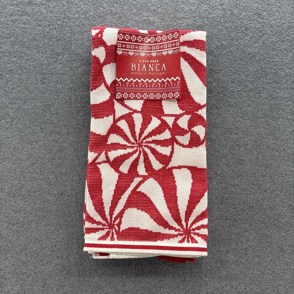 Bianca Kitchen Tea Towels Set of 3 Red White Christmas Candy Cotton Portugal